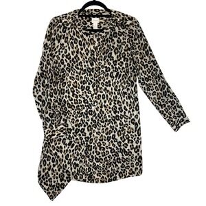 Chicos Tunic Blouse Womens 0 Beige Leopard Asymmetrical Hem Roll Tab Sleeve